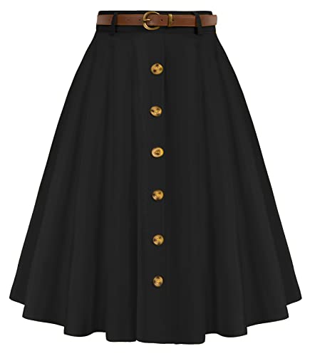 Belle Poque Damen Vintage Röcke Stretch Hohe Taille A-Linie Midi Röcke mit Taschen & Gürtel von Belle Poque