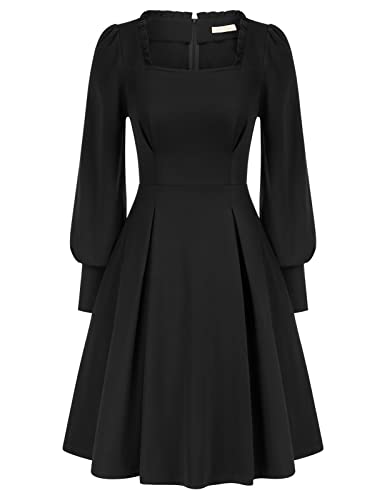 Damen Mittelalter Kleid A-Linie Langarm Knielang Quadratischer Ausschnitt Rockabilly Festlich Cocktailkleider Schwarz S von Belle Poque