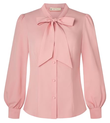 Belle Poque Damen Vintage Schleifen-Knoten Hemden Langarm Button Down Arbeit Büro Collared Bluse Shirt von Belle Poque