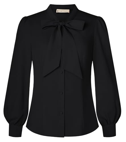 Belle Poque Damen Vintage Schleifen-Knoten Hemden Langarm Button Down Arbeit Büro Collared Bluse Shirt von Belle Poque