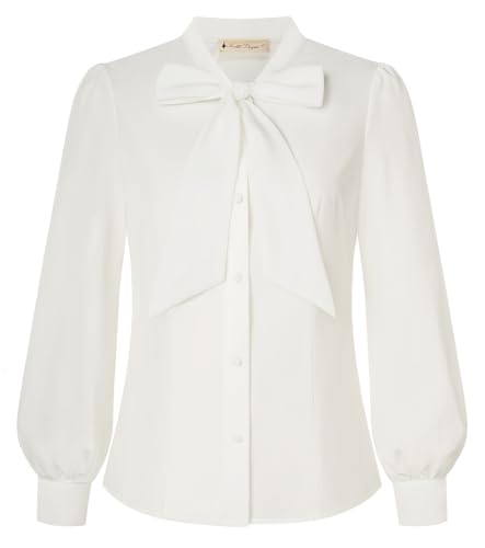 Belle Poque Damen Vintage Schleifen-Knoten Hemden Langarm Button Down Arbeit Büro Collared Bluse Shirt von Belle Poque