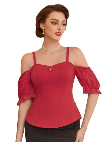 Belle Poque Damen Vintage Slim Fit Tops Weich Stretch Weste Einfarbig Tops Camisole Top Aus Baumwolle Elegantes Kurzarm Spitzentop Tiefrot 2XL BP0889S24-03 von Belle Poque