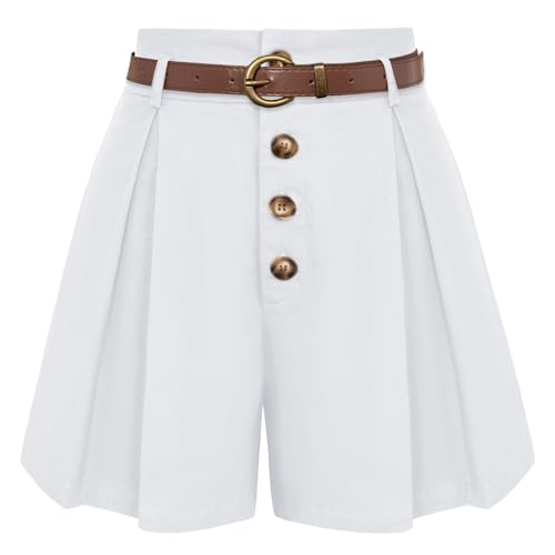 Belle Poque Damen Weiße Shorts mit Gürtel Lose Freizeit Baumwollshorts Plissiert Hohe Taille Bequeme Tägliche Hosen mit Taschen Weiß XL von Belle Poque