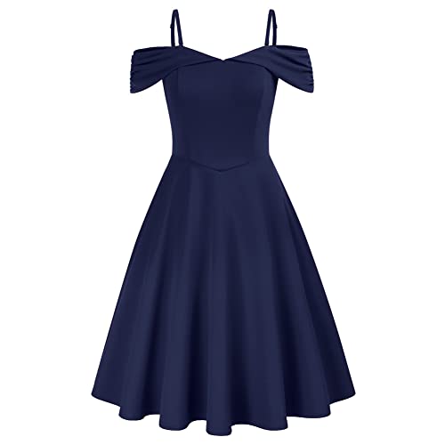 Belle Poque Elegantes Hochzeitskleid für Damen Sommer Off Shoulder Slim Fit A-Linie Kleid Vintage Abend Partykleid Marineblau BP0720-03 XXL von Belle Poque