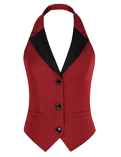 Belle Poque Formal Büro Arbeit Weste für Frauen Vintage Button Down Kontrast Farbe Weste mit Taschen Rot BP0785-02 XXL von Belle Poque