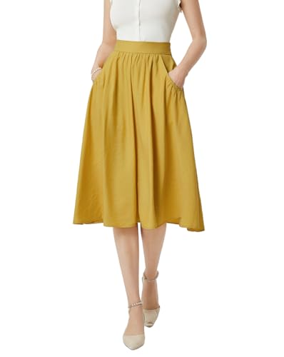 Belle Poque Gelber Rock Damen Eleganter Faltenrock für Damen Retro Gelb Flowy Swing Strandrock Midi Länge Gelb BP0926-02 XXL von Belle Poque