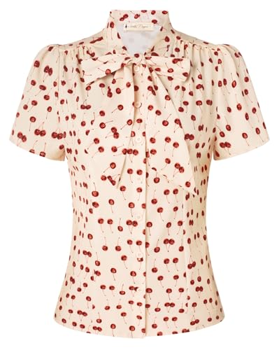 Belle Poque Hemden für Damen Büro Arbeit Bluse Sommer Vintage Retro Kurze Ärmel Streifen Tops mit Bow-Knot von Belle Poque