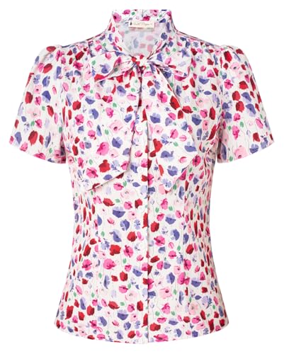 Belle Poque Hemden für Damen Büro Arbeit Bluse Sommer Vintage Retro Kurze Ärmel Streifen Tops mit Bow-Knot von Belle Poque
