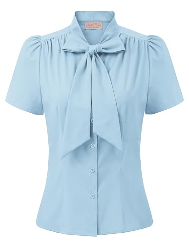 Belle Poque Hemden für Damen Büro Arbeit Bluse Sommer Vintage Retro Kurze Ärmel Streifen Tops mit Bow-Knot von Belle Poque