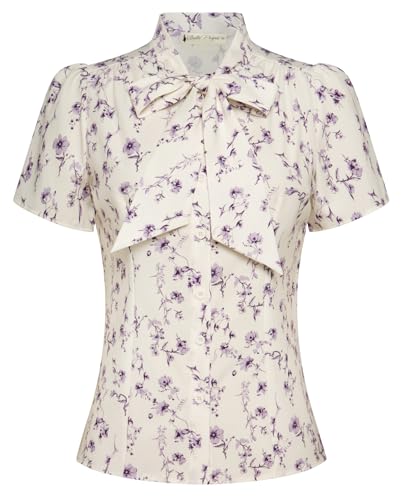 Belle Poque Hemden für Damen Büro Arbeit Bluse Sommer Vintage Retro Kurze Ärmel Streifen Tops mit Bow-Knot von Belle Poque