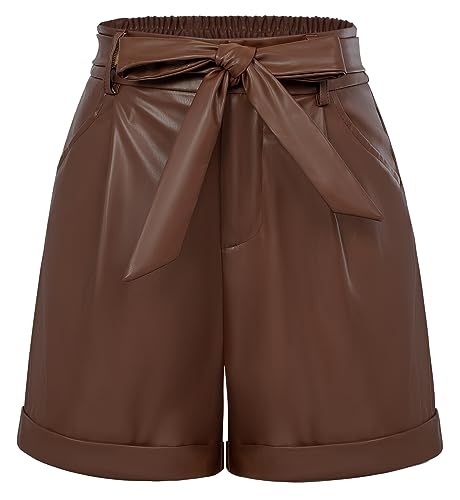 Belle Poque Hohe Taille Leder Kurze Hose Casual Einfarbig Shorts Braun 2XL von Belle Poque