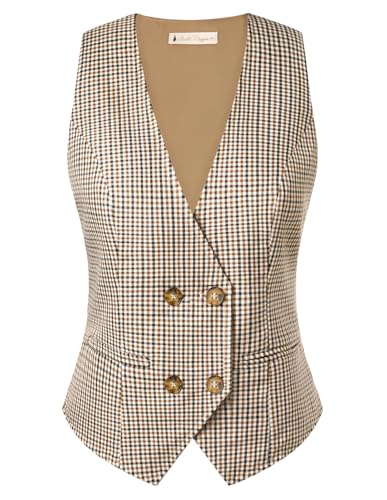 Belle Poque Karierte Weste Damen Mittelalterliche Weste Vintage Ärmellose V-Ausschnitt Zweireihige Westen Braun Kariert S von Belle Poque