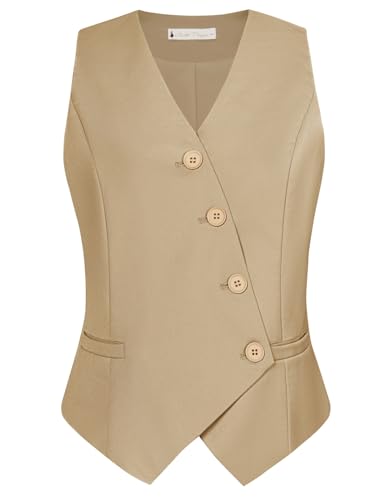 Belle Poque Khaki Weste Damen Leichtgewicht V-Ausschnitt Einreihig Anzug Weste für Hemden Tops Khaki M von Belle Poque