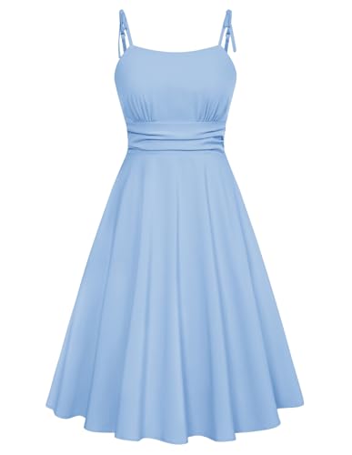 Belle Poque Kleid Damen Elegant Blaues Kleid Sommer Ausgestellte A-Linie Langes Kleid zum Ausgehen Hellblau BP0928-01 XL von Belle Poque