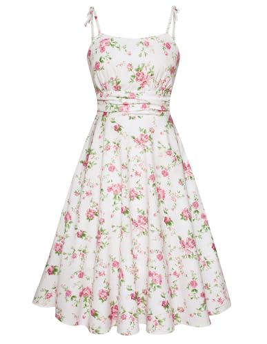 Belle Poque Damen Sommer Kleider Spaghetti Träger Rosa Geblümt Kleid Damen 1950er Jahre Vintage Flowy Swing Kleid L von Belle Poque