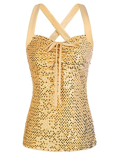 Belle Poque Oberteile Damen Pailletten Tank Top Neckholder Camisole Top Glitzer Top Party Cocktail Glod S von Belle Poque