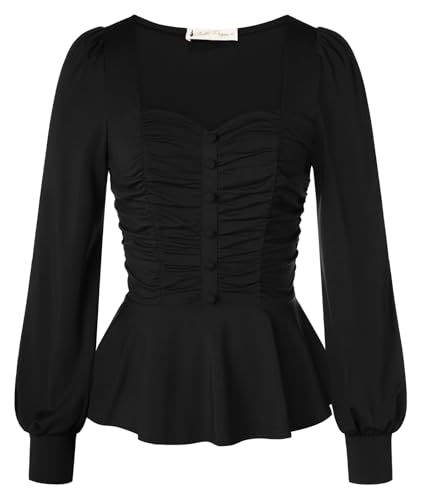 Belle Poque Peplum Tops für Damen Puffärmel Quadratischer Ausschnitt Gerüschte Vorderseite Blusen Oberteile von Belle Poque