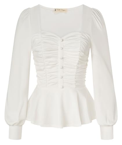 Belle Poque Peplum Tops für Damen Puffärmel Quadratischer Ausschnitt Gerüschte Vorderseite Blusen Oberteile von Belle Poque