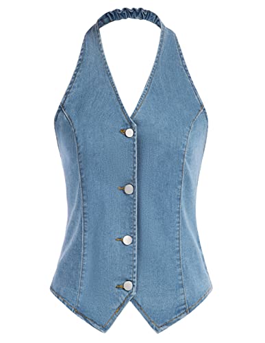 Belle Poque Plus Size Cowgirl Denim Weste für Frauen Retro Halter Neck Woodstock Party Kostüm ärmellose Westen BP0748-02 XXL von Belle Poque