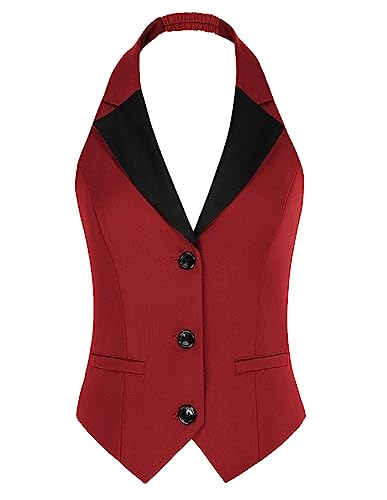 Belle Poque Rot Einreihige Westen für Damen V-Ausschnitt Reverskragen Oberbekleidung Weste für Hemden Rot BP0785-02 XL von Belle Poque