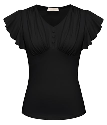 Belle Poque Rüschen Kurzarm Tops Frauen Sommer Casual Baumwolle V Ausschnitt Top Schwarz XXL von Belle Poque