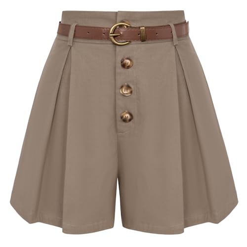 Belle Poque Sommer Casual Wide Leg Shorts mit Gürtel Vielseitig Hohe Taille Locker Geschnittene Baumwoll Shorts Khaki BP0913-03 S von Belle Poque