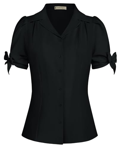 Belle Poque Sommer Damen Bluse Elegant V-Ausschnitt Puffärmel mit Knöpfen Top Schwarz M von Belle Poque