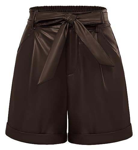 Belle Poque Sommer Shorts mit Schleife Leder Kurze Hose mit Taschen Dunkelbraun M von Belle Poque