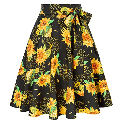 Belle Poque Sommer Sonnenblumen Print Rock 50er Jahre Vintage Faltenrock in A-Linie mit Taschen BP000561-50 S von Belle Poque