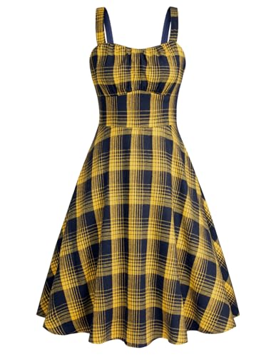 Belle Poque Vintage Ärmellos Spaghettiträger Karierte Kleider Geraffter Sweetheart Ausschnitt A-Linie Midi Kleid Flowy Swing Party Kleid Gelb Kariert L von Belle Poque