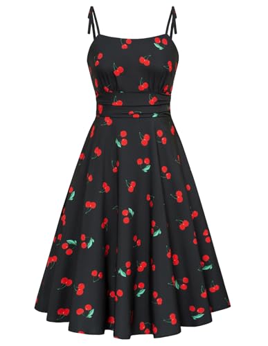 Belle Poque Vintage Kleider Damen Sommer Trägerkleid Ausgestellt A-Linie mit Taschen Elegantes Tea Party Kleid Schwarz Kirsche XXL von Belle Poque
