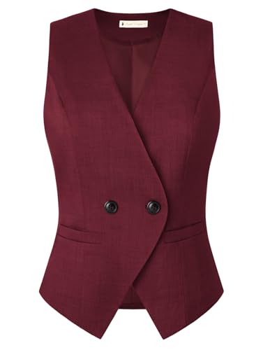 Belle Poque Weste Damen Elegant Business-Stil Weste Ärmellose V-Ausschnitt Taschentuchsaum Westen für den Alltag Dunkelrot M von Belle Poque