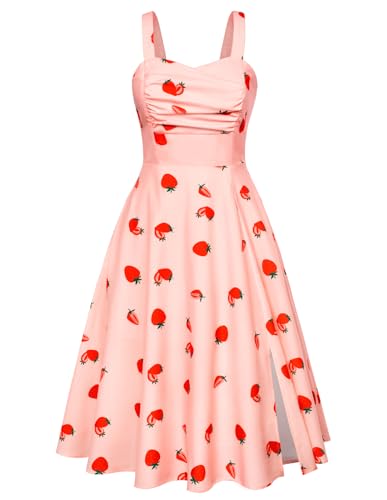 Damen Blumenkleid Midi A-Linie Partykleid Rockabilly Spaghetti Cocktailkleid Sommerkleid Strand Rosa XXL von Belle Poque