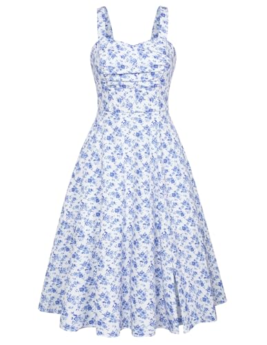 Damen Blumenkleid Midi A-Linie Sommerkleid Rockabilly Spaghetti Cocktailkleid Sommerkleid Strand Weiß XXL von Belle Poque