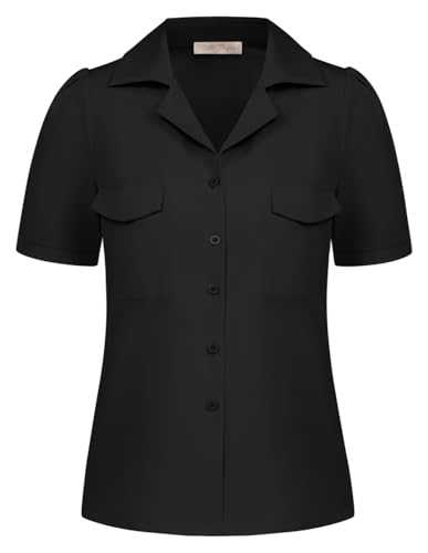 Damen Bluse Elegant Kurzarm Oberteile Revereskragen Shirt Sommer Tops Freizeit Büro Urlaub Schwarz XL von Belle Poque