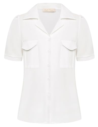 Damen Bluse Elegant Kurzarm Oberteile Revereskragen Shirt Sommer Tops Freizeit Büro Urlaub Weiß XL von Belle Poque