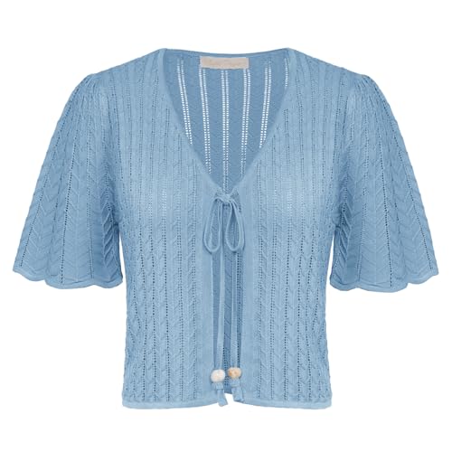 Damen Bolero Elegant Kurzarm V-Ausschnitt Bolerojacke Festlich Cardigan Freizeit Blau L von Belle Poque