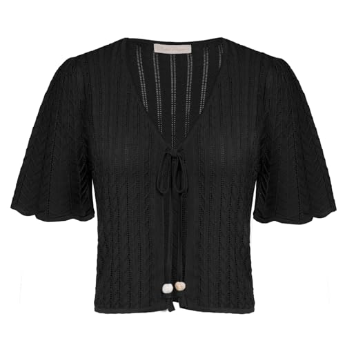 Damen Bolero Elegant Kurzarm V-Ausschnitt Bolerojacke Festlich Cardigan Freizeit Schwarz L von Belle Poque