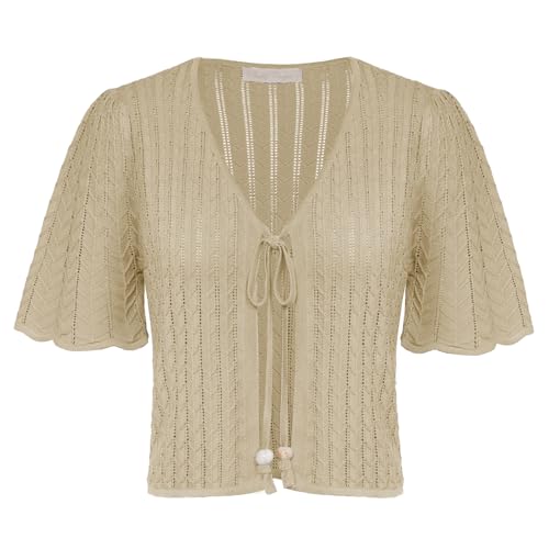 Damen Bolero Elegant Kurzarm V-Ausschnitt Bolerojacke Festlich Cardigan Party Beige S von Belle Poque