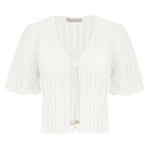 Damen Bolero Elegant Kurzarm V-Ausschnitt Bolerojacke Festlich Cardigan Party Weiß S von Belle Poque