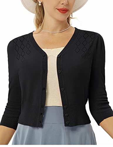 Damen Bolero Kurz 3/4 Arm V-Ausschnitt Knopfleiste Basic Vintage Cardigan Schwarz XL von Belle Poque