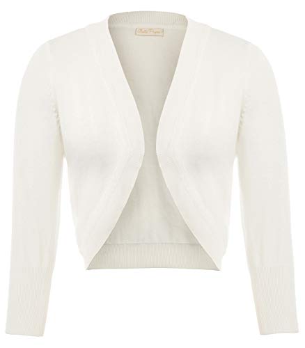 Damen Vintage Bolerojacke Kurz Strickjacke 3/4 Ärmel Cardigan Schulterjacke Büro Hochzeit Weiß XL von Belle Poque