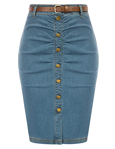 Damen Business Rock mit Schlitz Solide Hohe Taille Bleistiftrock Bodycon Bleistiftrock Jeans Blau XL BP0731S23-01 von Belle Poque