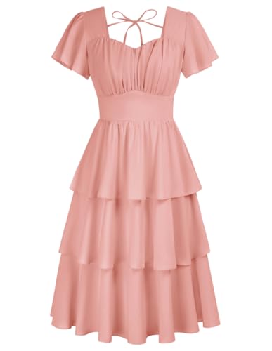 Damen Chiffon Kleid Vintage Kurzarm Pfirsich Herzkragen A-Linie Saum Kleider Rosa XL von Belle Poque