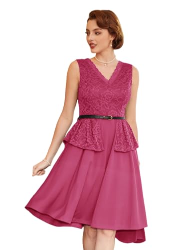 Damen Elegant Kleider für Hochzeit Midi Cocktailkleider Valentinstag Kleider Spitze Patchwork Kleider mit Gürtel Ärmellos V-Ausschnitt A-Linie Kleider Rose Rot S BP0875S24-04 von Belle Poque