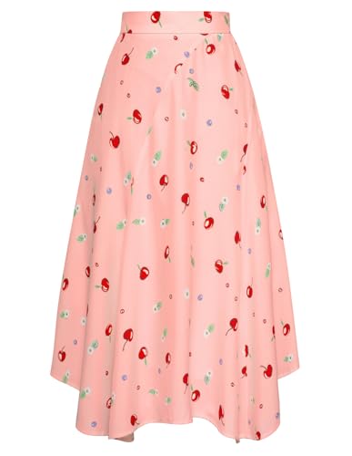 Damen Elegant Röcke Retro Hohe Taille Unregelmäßiger Saum Rock Rosa und Kirsche XL von Belle Poque