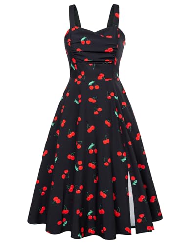 Damen Elegant Sommerkleid A-Linie Rockabilly Blumenkleid Spaghetti Festlich Partykleid Schwarz S von Belle Poque