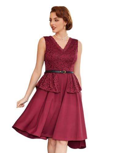 Damen Elegant Spitzenkleid Elegante Brautjunferkleider Valentinstag Kleider Spitze Patchwork Kleider mit Gürtel Ärmellos V-Ausschnitt A-Linie Kleider Tiefrot L BP0875S24-05 von Belle Poque