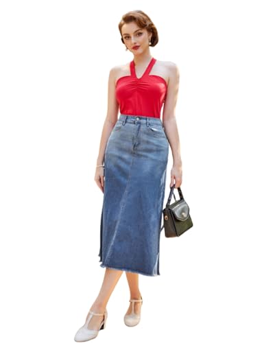 Damen Elegante A-Linie Jean Röcke Retro Jeansrock mit Schlitz Farbverlaufsrock mit Hohe Taille Jeansrock In A-Linie Denim Blau-Weiß S von Belle Poque