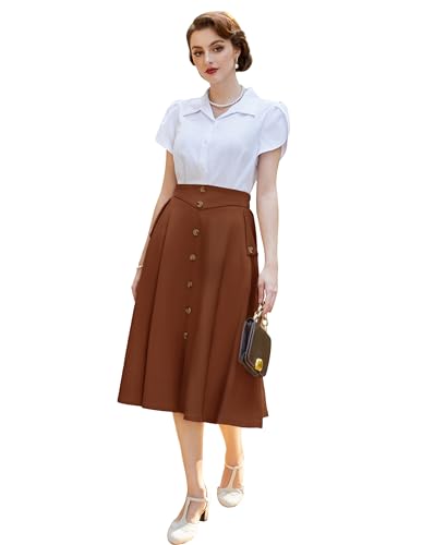 Damen Elegante A-Linie Swing Rock 50s Rock mit Schlitz Festliche Röck mit Schilitz Faltenrock Hohe Taille Eleganter A-Linie Rock Braun L BP0945S24-03 von Belle Poque